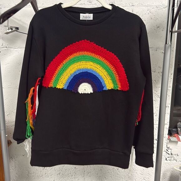 Black Rainbow Sweatshirt - Rainbow Color Fringe - BRAND NEW - Size Small NWOT - Picture 1 of 5